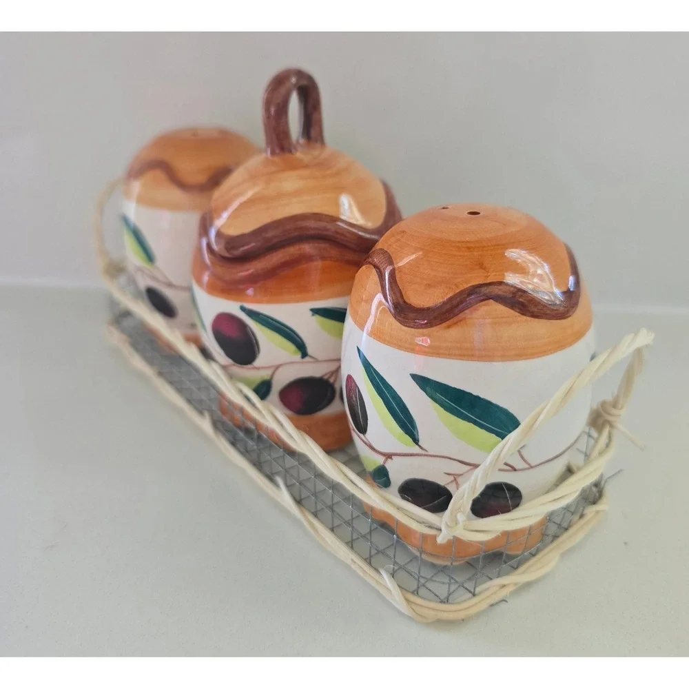 Ceramic Olive Branch Salt‎ Pepper Shakers and Sugar Pot Set with Wicker Caddy